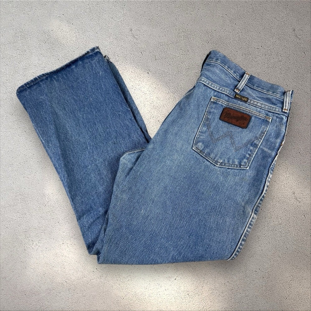 VTG 70s Wrangler Flare Jeans Fit 35x29 Distressed Bootcut Denim Scovill 82620NV